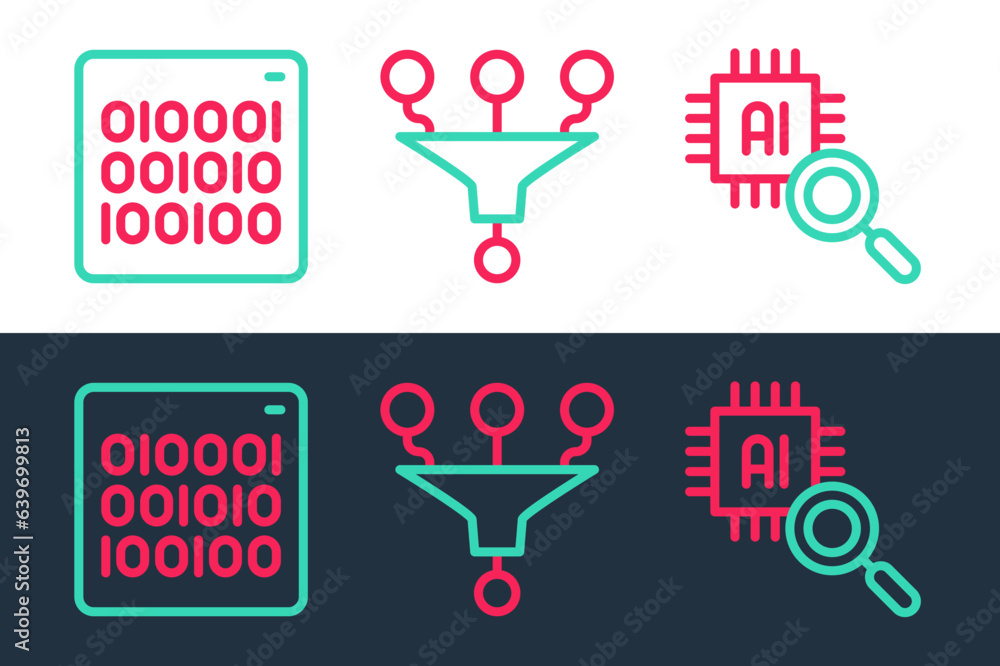 Poster set line processor cpu, binary code and funnel filter icon. vector