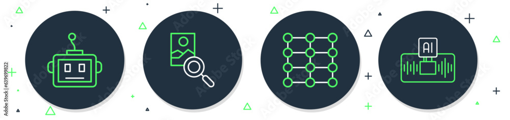 Poster set line photo retouching, neural network, artificial intelligence robot and ai icon. vector
