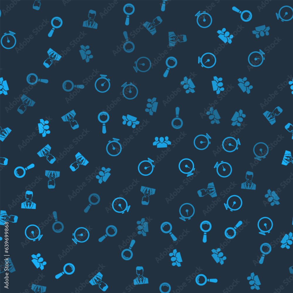 Aufkleber set magnifying glass, stopwatch, users group and man with headset on seamless pattern. vector