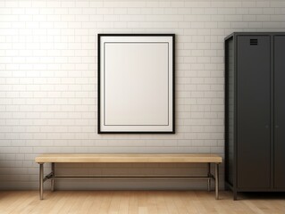 White mock up poster in modern gym with scandinavian style interior.