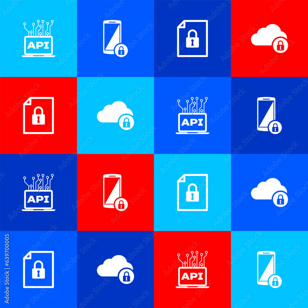 Aufkleber set computer api interface, smartphone with lock, document and and cloud computing icon. vector
