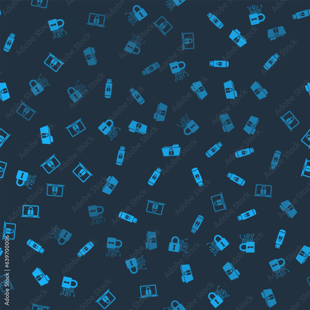 Poster set cyber security, usb flash drive with lock, folder and and laptop on seamless pattern. vector