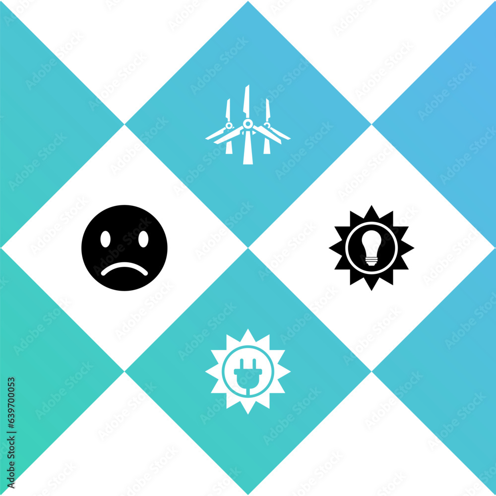 Sticker set sad smile, solar energy panel, wind turbines and icon. vector