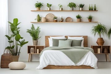 Many green potted houseplants in scandinavian interior design of modern bedroom with wooden shelf
