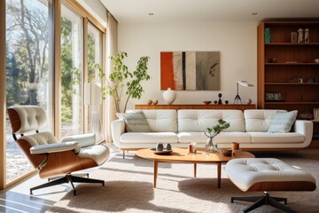 Fototapeta premium Mid-century style home interior design of modern living room with white sofa and brown leather armchairs