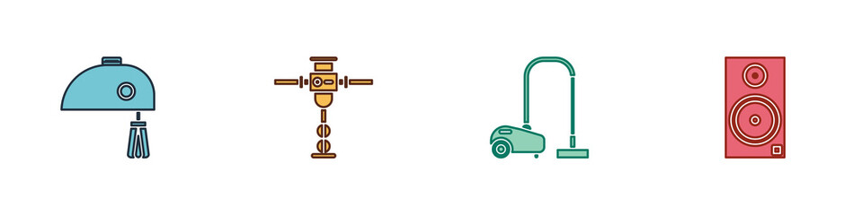 Set Electric mixer, Construction jackhammer, Vacuum cleaner and Stereo speaker icon. Vector