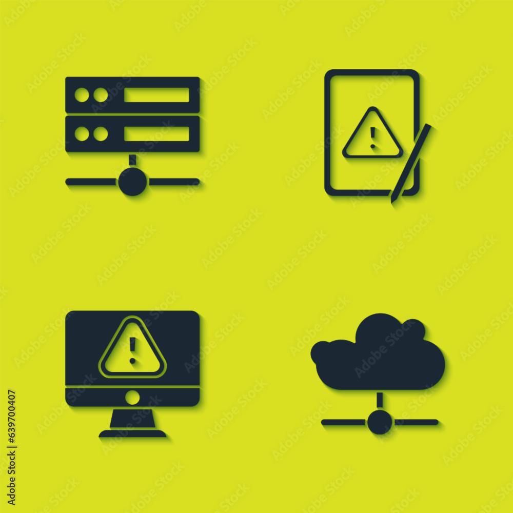 Poster set server, data, web hosting, network cloud connection, monitor with exclamation mark and tablet ic