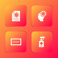 Set Clipboard with blood test results, Human and virus, Bar of soap and Liquid antibacterial icon. Vector