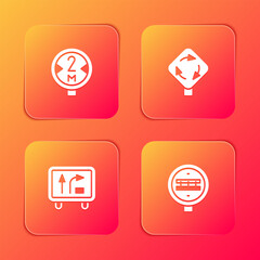 Set Road traffic sign, Roundabout, and Railroad crossing icon. Vector