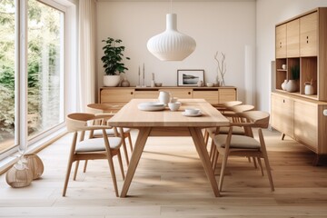  Natural wood furniture in dining room. Scandinavian home interior design of modern living room