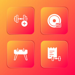 Set Dumbbell, Weight plate, Pommel horse and Sport training program icon. Vector