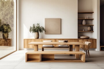Natural wood furniture in minimalist dining room. Scandinavian style home interior design of modern living room