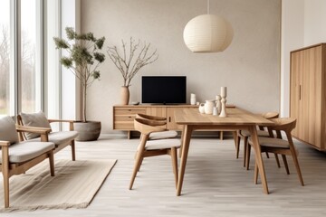 Natural wood furniture in minimalist dining room. Scandinavian style home interior design of modern living room