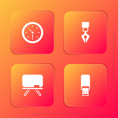 Set Clock, Fountain pen nib, Chalkboard and USB flash drive icon. Vector