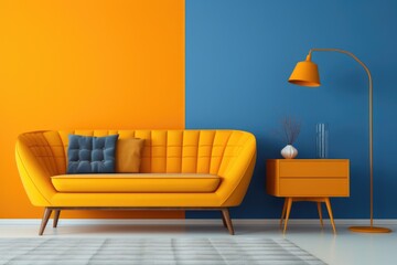 Orange loveseat sofa and barrel chair against of blue yellow wall. Mid century interior design of modern living room - obrazy, fototapety, plakaty