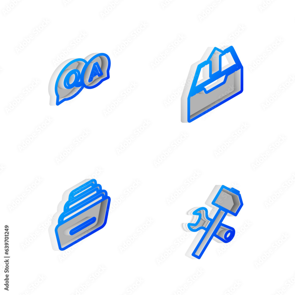 Poster set isometric line upload inbox, question and answer, drawer with documents and crossed hammer wrenc