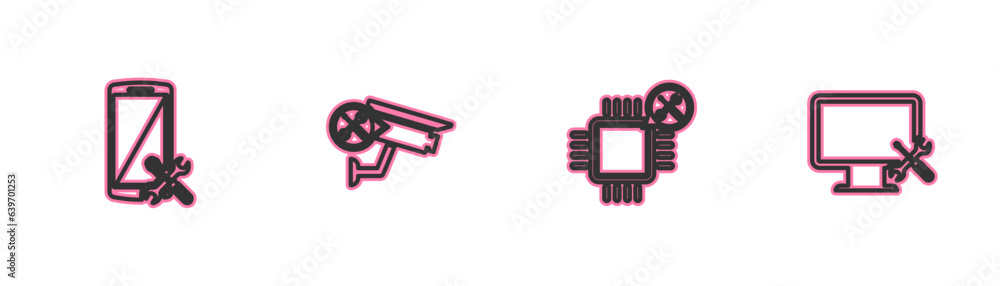 Poster set line smartphone service, processor, security camera and computer monitor icon. vector