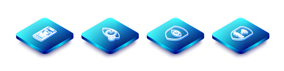 Set Isometric line Mobile and face recognition, Invisible or hide, Shield eye and with VPN wireless icon. Vector
