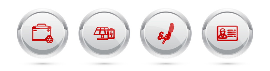 Set line Car battery with recycle, Solar energy panel and, Signature and Identification badge. Silver circle button. Vector