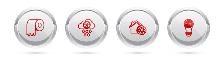 Set line Toilet paper roll, Acid rain and radioactive cloud, Eco House with recycling and Light bulb world globe. Silver circle button. Vector