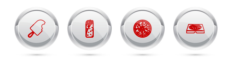 Set line Ice cream, Burrito, Pizza and in cardboard box. Silver circle button. Vector