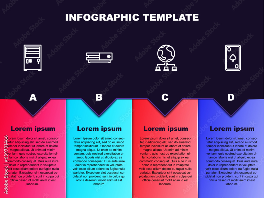 Poster set line computer, video game console, network and playing card with diamonds. business infographic 