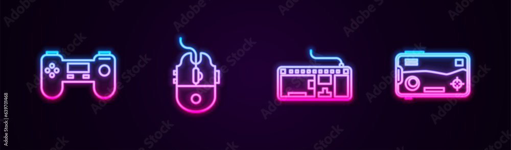 Poster set line gamepad, computer mouse gaming, keyboard and mobile and playing game. glowing neon icon. ve