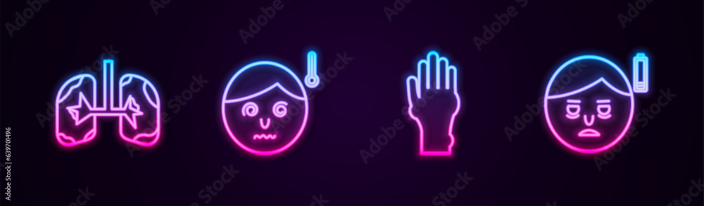 Poster set line lungs, high human body temperature, hand with psoriasis or eczema and fatigue. glowing neon