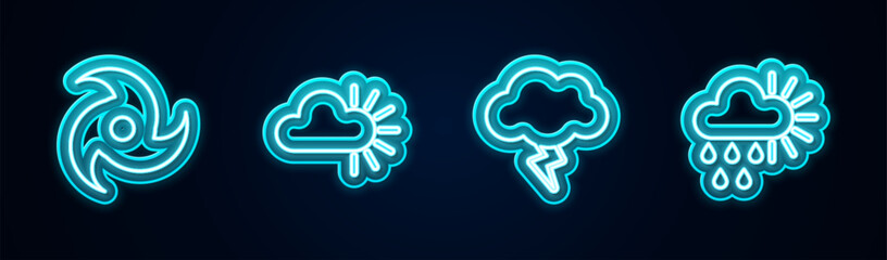 Set line Tornado, Cloudy, Storm and with rain and sun. Glowing neon icon. Vector