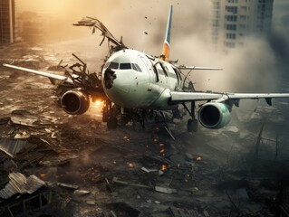 High angle generative AI illustration of modern damaged commercial airplane crashing into deserted war torn modern city with smokes and fire at evening