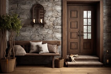 Rustic interior design of modern entrance hall with door in farmhouse