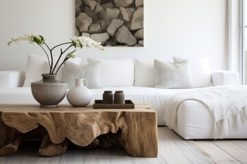 Rustic live edge tree stump accent coffee table near white corner sofa. Scandinavian home interior design of modern living room