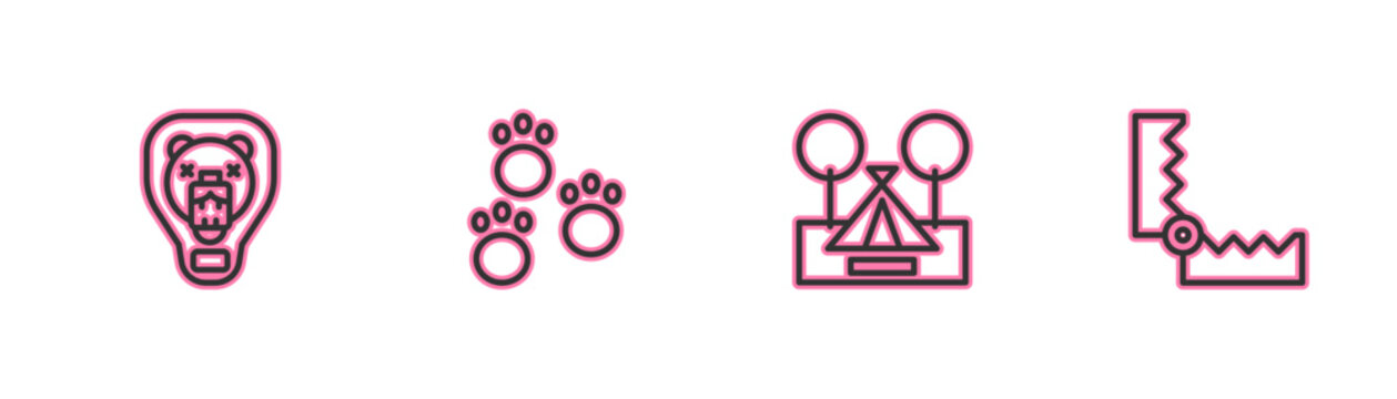 Set line Bear head on shield, Tourist tent, Paw print and Trap hunting icon. Vector