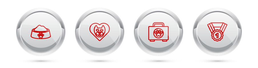 Set line Pet food bowl, Heart with cat, first aid kit and Dog award symbol. Silver circle button. Vector