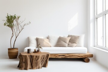 Fototapeta na wymiar Rustic wooden live edge coffee table made from tree stump against daybed near window and white wall with copy space. Scandinavian minimalist home interior design
