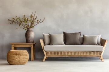 Rustic wooden sofa with grey pillows, side table and wicker basket against stucco wall. Scandinavian interior design of modern living room