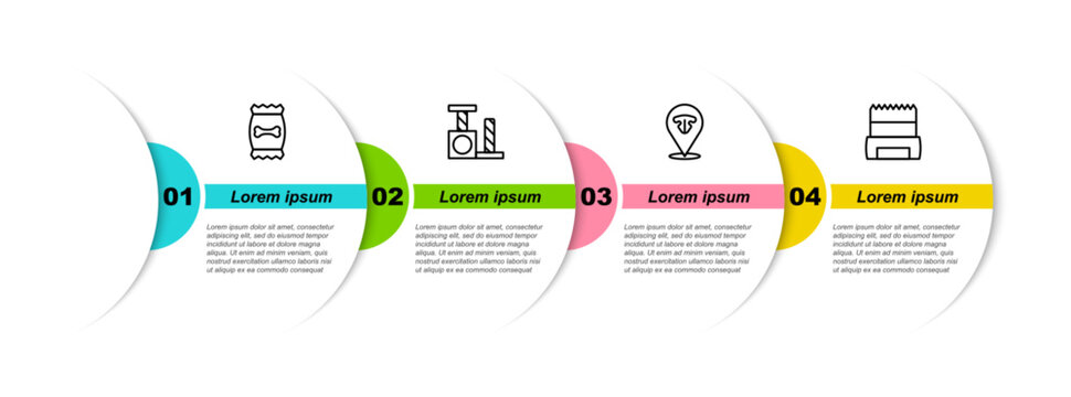 Set line Bag of food for pet, Cat scratching post, nose and Dog shit bag. Business infographic template. Vector