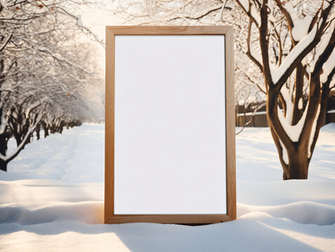 Wooden rectangular blank picture frame propped up on a snow bank in a park with trees.