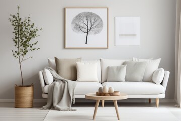Scandinavian home interior design of modern living room. White sofa and round coffee table against wall with poster frame