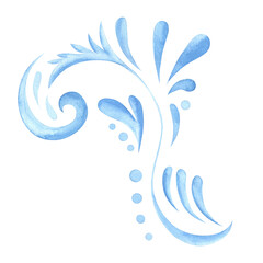 Blue swirl decorative border hand painted watercolor. Decorative element for frame, border, stationery greeting card, home decor, kitchen and more. Monochrome in indigo, blue, cobalt