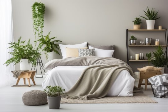 Scandinavian interior design of modern bedroom with many potted houseplants