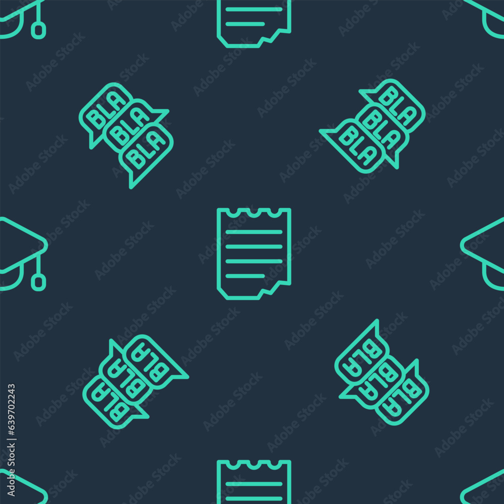 Poster set line notebook, speech bubble chat and graduation cap on seamless pattern. vector