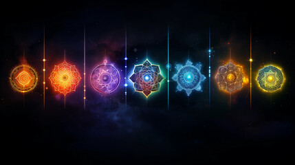 Artistic rendering of seven chakras symbols, bright, vivid colors, illustrated style, floating against a cosmic backdrop, ethereal, celestial, vibrant, high - resolution, against a black background