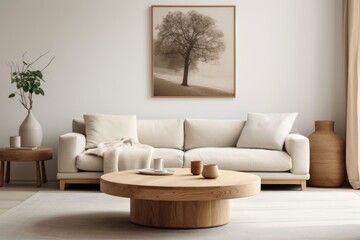 Scandinavian minimalist home interior design of modern living room. Round wooden coffee table near beige sofa