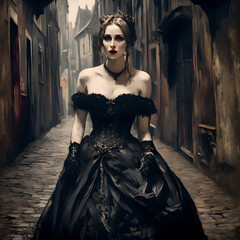 Illustrated portrait of a medieval woman in black dress dress walking on a cobblestone street.