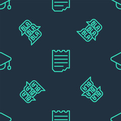 Set line Notebook, Speech bubble chat and Graduation cap on seamless pattern. Vector