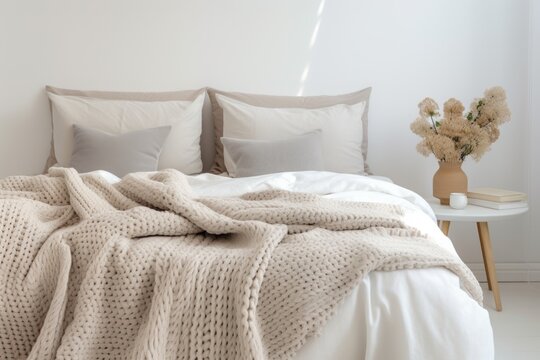 Scandinavian style interior design of modern bedroom. Bed with beige pillow and knitted blanket