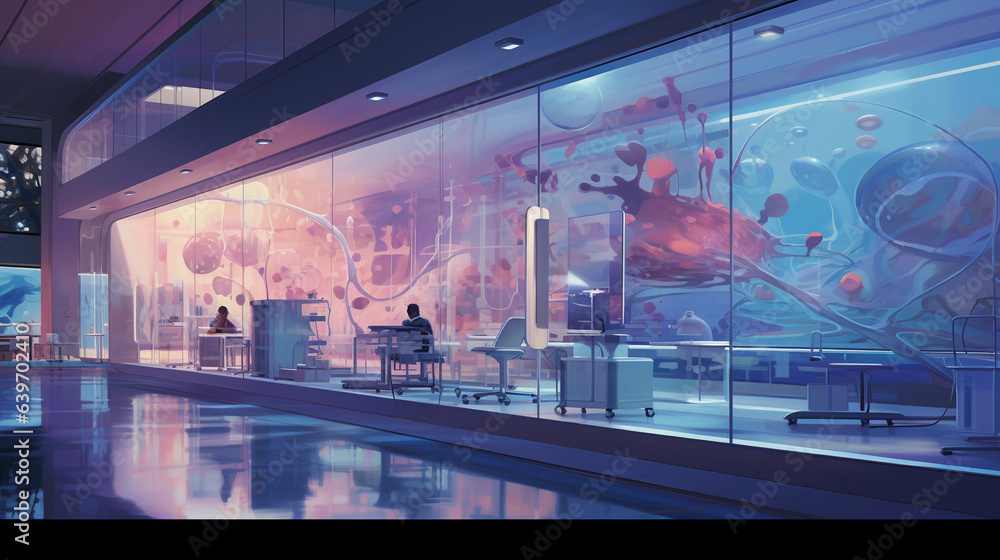 Aufkleber high - tech laboratory, sleek and clean, abstract representation of cellular structures projected on