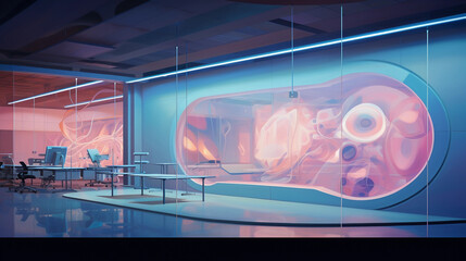 High - tech laboratory, sleek and clean, abstract representation of cellular structures projected onto a wall, soft pastel color palette, subtle mood lighting, modern architecture, vibrant, realism