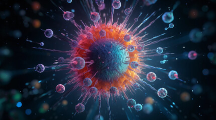 Obraz premium Microscopic view of a virus particle in vibrant colors, highly detailed, scientific yet abstract, set against a dark background